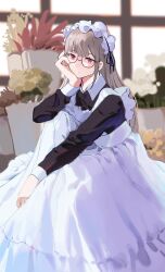 Rule 34 | 1girl, absurdres, apron, closed mouth, dress, glasses, hand on own cheek, hand on own face, highres, knees up, long hair, long sleeves, looking at viewer, maid, maid apron, maid headdress, original, plant, potted plant, red eyes, sitting, solo, yamiiv