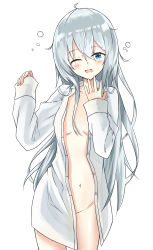 Rule 34 | 1girl, ahoge, blue eyes, blush, breasts, evening rabbit, hair between eyes, hibiki (kancolle), highres, kantai collection, long hair, long sleeves, looking at viewer, naked shirt, no bra, no panties, one eye closed, open mouth, shirt, silver hair, simple background, sleepy, small breasts, solo, underwear, undressing, white background, white shirt
