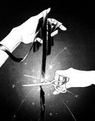 Rule 34 | black background, blunt ends, cutting, cutting hair, fingernails, fireworks, greyscale, hand focus, highres, holding, holding own hair, holding scissors, monochrome, original, sae sae, scissors, simple background, vignetting