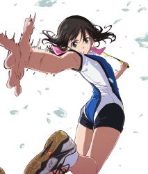 Rule 34 | 10s, 1girl, :o, absurdres, armpit peek, ass, badminton, badminton racket, bare legs, bow, brown hair, foreshortening, green eyes, hair between eyes, hair bow, hanebado!, hanesaki ayano, highres, holding, holding racket, long hair, motion blur, outstretched arm, parted lips, pink bow, playing sports, racket, revision, serious, shoe soles, shoes, simple background, sneakers, socks, solo, playing sports, sportswear, sweat, thighs, tomato (lsj44867), twisted torso, v-shaped eyebrows, white background
