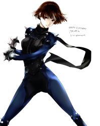 Rule 34 | 1girl, arched back, armor, artist name, artist request, biker clothes, bikesuit, black neckwear, black scarf, blush, bodysuit, braid, braided hairband, brass knuckles, breasts, brown hair, corset, covered navel, cross-laced clothes, crown braid, female focus, floating hair, french braid, gloves, grey legwear, highres, knee pads, long sleeves, looking at viewer, niijima makoto, parted lips, persona, persona 5, persona 5 the royal, red eyes, scarf, short hair, shoulder pads, shoulder spikes, skin tight, small breasts, smile, solo, sparkle, spiked knuckles, spikes, weapon, white background, white gloves