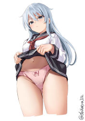 Rule 34 | 1girl, aqua hair, black sailor collar, blue hair, blush, breasts, closed mouth, clothes lift, cowboy shot, cropped legs, ebifurya, embarrassed, grey eyes, hair between eyes, hibiki (kancolle), highres, kantai collection, lifting own clothes, light blue hair, long hair, long sleeves, neckerchief, no headwear, one-hour drawing challenge, panties, pink panties, red neckerchief, sailor collar, school uniform, serafuku, shirt, simple background, skirt, skirt lift, small breasts, solo, thighs, twitter username, underwear, white background, white hair, white shirt