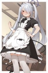 Rule 34 | 1girl, absurdres, alternate costume, apron, black dress, black ribbon, black tail, blue archive, blush, demon tail, dress, enmaided, feet out of frame, frilled apron, frills, grey hair, hair over one eye, hair ribbon, halo, highres, iori (blue archive), long hair, maid, maid apron, pointy ears, purple halo, red eyes, ribbon, short sleeves, solo, tail, thighhighs, twintails, white apron, white thighhighs, wrist cuffs, yukie (kusaka shi)