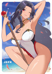 Rule 34 | 1girl, arm behind head, armpits, black hair, blue sky, breasts, cleavage, cloud, collarbone, covered navel, earrings, falling petals, frilled one-piece swimsuit, frills, gold choker, gold earrings, gold necklace, heart, highres, holding, holding scepter, jdpr, jewelry, large breasts, long hair, mole, mole on breast, mole under eye, necklace, nijisanji, nijisanji en, ocean, one-piece swimsuit, one eye closed, patreon username, petals, red eyes, scarle yonaguni, scepter, sky, solo, swimsuit, virtual youtuber, white one-piece swimsuit