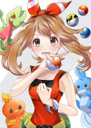 Rule 34 | 1girl, absurdres, bare shoulders, bow, bracelet, brown hair, collarbone, commentary request, creatures (company), fanny pack, game freak, gen 3 pokemon, great ball, grey eyes, hair bow, highres, holding, holding poke ball, i6junvexcwkzmf8, jewelry, looking at viewer, lower teeth only, may (pokemon), mudkip, nintendo, open mouth, poke ball, pokemon, pokemon (creature), pokemon oras, red bow, red shirt, shirt, sleeveless, sleeveless shirt, sweatdrop, teeth, torchic, treecko, ultra ball, upper body