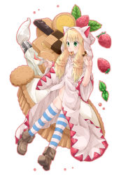 Rule 34 | 1girl, animal ears, animal hood, bad id, bad pixiv id, blonde hair, bottomless, braid, cat ears, cat hood, checkerboard cookie, cookie, final fantasy, final fantasy tactics, food, fruit, green eyes, hair over shoulder, hood, mizuzono, navel, no panties, open clothes, open robe, robe, shoes, solo, strawberry, striped clothes, striped thighhighs, tea, thighhighs, twin braids, white mage, white mage (fft), white mage (final fantasy)