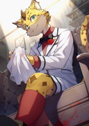 Rule 34 | 1boy, armchair, black bow, black bowtie, blood, blood splatter, bow, bowtie, brooch, brown fur, chair, flower, formal, from below, furry, furry male, highres, holding cloth, indoors, jewelry, light smile, looking at viewer, male focus, multicolored fur, ose (housamo), panther boy, panther ears, panther tail, ponzu tas, red flower, red rose, red shirt, red socks, rose, shirt, sitting, socks, solo, suit, tokyo houkago summoners, whiskers, white suit, yellow fur, young ose (housamo)
