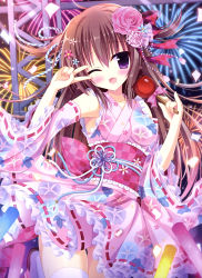 Rule 34 | 1girl, ;d, absurdres, blush, breasts, breasts apart, brown hair, collarbone, cowboy shot, detached sleeves, floating hair, flower, gluteal fold, hair between eyes, hair flower, hair ornament, hair ribbon, hasune (hasuneya), highres, holding, japanese clothes, kimono, kimono skirt, leg up, long hair, medium breasts, no panties, obi, one eye closed, open mouth, original, partially visible vulva, pink flower, purple eyes, red ribbon, ribbon, ribbon-trimmed clothes, ribbon-trimmed sleeves, ribbon trim, sash, sleeveless, sleeveless kimono, smile, solo, standing, striped ribbon, sweat, thighhighs, two side up, v, very long hair, white thighhighs, yukata