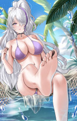 Rule 34 | 1girl, absurdres, azur lane, barefoot, between toes, bikini, breasts, buko (bukosuki), cloud, cloudy sky, collarbone, day, eyelashes, feet, foot focus, foot out of frame, foreshortening, grey hair, hair over one eye, hammock, hand up, highres, holding, holding with feet, large breasts, legs, long hair, multicolored hair, navel, open mouth, outdoors, palm tree, purple bikini, purple hair, shadow, sitting, sky, soles, solo, splashing, streaked hair, swimsuit, toes, tree, unzen (azur lane), very long hair, water