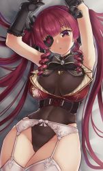 Rule 34 | 1girl, absurdres, armpits, arms up, black gloves, blunt bangs, blush, breasts, casul, cleavage, corset, eyepatch, garter belt, gloves, hair between eyes, hair ribbon, heart, heart in eye, highleg, highleg leotard, highres, hololive, houshou marine, houshou marine (gothic lolita), huge filesize, large breasts, leotard, leotard under clothes, long hair, looking at viewer, open mouth, red eyes, red hair, red ribbon, ribbon, see-through, see-through cleavage, see-through leotard, sidelocks, symbol in eye, thighhighs, thighs, twintails, very long hair, virtual youtuber, white thighhighs