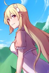Rule 34 | 1girl, ahoge, blonde hair, blue sky, brown eyes, commentary, day, english commentary, from behind, hair ornament, highres, long hair, looking at viewer, looking back, mountainous horizon, outdoors, parted lips, puffy short sleeves, puffy sleeves, rabbit hair ornament, rabi-ribi, rumi (rabi ribi), short sleeves, sky, smile, solo, speckticuls, very long hair
