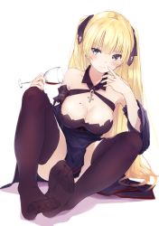 Rule 34 | 1girl, alcohol, azur lane, bare shoulders, between breasts, black ribbon, black thighhighs, blonde hair, blue dress, blue eyes, breasts, cleavage, cross, cup, detached sleeves, dress, drinking glass, feet, finger to cheek, hair ribbon, head tilt, highres, jewelry, knee up, large breasts, long hair, looking at viewer, no shoes, pulque, ribbon, see-through, simple background, sitting, soles, solo, suggestive fluid, sussex (azur lane), sussex (wine and red roses) (azue lane), sussex (wine and red roses) (azur lane), suwakana, thighhighs, toes, twintails, white background, wine, wine glass