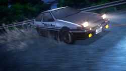 Rule 34 | 3d, ae86, car, drifting, forest, from side, highres, initial d, lights, motion blur, motor vehicle, nature, night, night sky, no humans, official art, road, sky, smoke, toyota, toyota sprinter trueno, tree, vehicle, vehicle focus