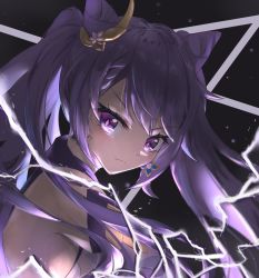 Rule 34 | 1girl, blush, closed mouth, cone hair bun, costume request, diamond-shaped pupils, diamond (shape), earrings, elphe, from side, genshin impact, hair between eyes, hair bun, hair ornament, highres, jewelry, keqing (genshin impact), lightning, looking at viewer, looking to the side, purple eyes, purple hair, purple pupils, serious, solo, symbol-shaped pupils, twintails, upper body