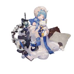 Rule 34 | 1girl, aged down, ahoge, assault rifle, bare shoulders, blue hair, blue scarf, blunt bangs, bonnet, bowl, christmas, dress, facing viewer, feathers, full body, girls&#039; frontline, glass bowl, gloves, gun, hair ornament, hairclip, headwear request, heart, holding, ink, inkwell, kalashnikov rifle, looking at viewer, nail polish, nineo, off-shoulder dress, off shoulder, official alternate costume, official art, orange eyes, paper, pillow, rifle, scarf, short hair, sitting, snowman, solo, transparent background, weapon, white dress, white headwear, winter clothes, zas m21 (girls&#039; frontline), zas m21 (gunshot in the snow) (girls&#039; frontline), zastava m21