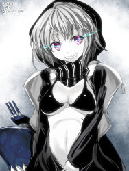 Rule 34 | 10s, 1girl, abyssal ship, black bra, bra, breasts, gin&#039;ichi (akacia), glowing, glowing eyes, highres, hood, jacket, kantai collection, navel, o-ring, o-ring top, pale skin, personification, purple eyes, re-class battleship, scarf, short hair, silver hair, smile, solo, underwear