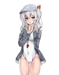 Rule 34 | 1girl, bad id, bad pixiv id, blue eyes, blush, competition swimsuit, covered navel, cowboy shot, jacket, kantai collection, kashima (kancolle), long hair, long sleeves, looking at viewer, nn tasu, one-piece swimsuit, parted lips, silver hair, simple background, solo, swimsuit, twintails, wavy hair, whistle, white background