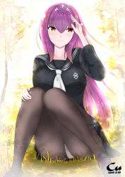 Rule 34 | 1girl, arm up, black serafuku, blush, breasts, collarbone, day, fate/grand order, fate (series), forest, grass, knees together feet apart, koappu, large breasts, light blush, long hair, nature, outdoors, panties, panties under pantyhose, pantyhose, pantyshot, pleated skirt, scathach (fate), scathach skadi (fate), school uniform, serafuku, sitting, skirt, solo, tiara, tree, underwear