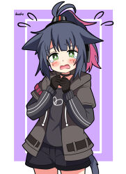 Rule 34 | 1girl, absurdres, animal ears, arknights, black choker, black gloves, black hair, black shirt, black shorts, blush, cat ears, cat girl, cat tail, choker, commentary request, cowboy shot, flying sweatdrops, gloves, green eyes, grey jacket, hands up, hendra, high ponytail, highres, hood, hood down, hooded jacket, jacket, jessica (arknights), layered sleeves, long sleeves, looking at viewer, multicolored hair, open clothes, open jacket, open mouth, pink hair, purple background, shirt, short over long sleeves, short shorts, short sleeves, shorts, signature, solo, standing, sweat, tail, tears, two-tone background, two-tone hair, wavy mouth, white background