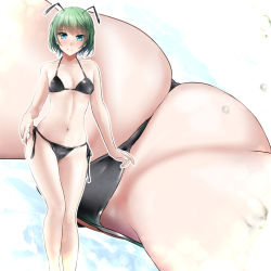 Rule 34 | 1girl, alternate costume, antennae, ass, bikini, black bikini, blush, breasts, cameltoe, closed mouth, commentary request, feet out of frame, green eyes, green hair, looking at viewer, multiple views, navel, short hair, side-tie bikini bottom, small breasts, smile, swimsuit, touhou, wriggle nightbug, yumi (careca398)