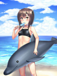 Rule 34 | 10s, 1girl, beach, bikini, black bikini, blush, brown eyes, brown hair, cloud, day, dolphin, flat chest, food, h kasei, headband, headgear, inflatable dolphin, inflatable toy, kantai collection, navel, ocean, open mouth, outdoors, popsicle, short hair, sky, solo, swimsuit, taihou (kancolle), water