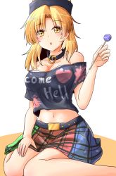 Rule 34 | 1girl, :o, bare shoulders, black shirt, blonde hair, blush, breasts, candy, clothes writing, collar, collarbone, food, hand up, hecatia lapislazuli, hecatia lapislazuli (moon), highres, holding, holding candy, holding food, holding lollipop, large breasts, lollipop, looking at viewer, medium hair, midriff, multicolored clothes, multicolored skirt, navel, off shoulder, oshiaki, parted lips, plaid, plaid skirt, print shirt, shirt, simple background, sitting, skirt, solo, t-shirt, touhou, wariza, white background, yellow eyes