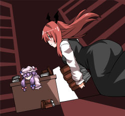 Rule 34 | 2girls, ass, blush stickers, book, book stack, bookshelf, carrying, crescent, crescent hat ornament, feet out of frame, floating hair, flying, hat, hat ornament, head wings, highres, indoors, koakuma, kz oji, library, long hair, mob cap, multiple girls, patchouli knowledge, pink eyes, profile, purple hair, red eyes, red hair, sideways glance, sleeves past fingers, sleeves past wrists, touhou, wings