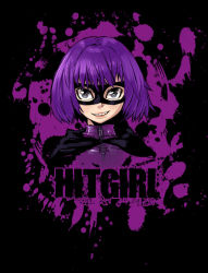 Rule 34 | 1girl, animification, butcherboy, cape, english text, gloves, hit-girl, kick-ass, looking at viewer, marvel, mask, purple hair, short hair, solo