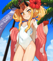 Rule 34 | 1girl, absurdres, bare shoulders, blonde hair, blue sky, breasts, casual one-piece swimsuit, closed mouth, cloud, cloudy sky, commentary request, day, facial mark, fang, fang out, fate/grand order, fate (series), flower, forehead mark, hair flower, hair ornament, hairband, head tilt, highres, horns, ibaraki douji (fate), ibaraki douji (fate/grand order), ibaraki douji (swimsuit lancer) (fate), ibaraki douji (swimsuit lancer) (second ascension) (fate), lakilolom, long hair, long sleeves, one-piece swimsuit, oni, oni horns, outdoors, pinching sleeves, red flower, sidelocks, sky, sleeves past wrists, small breasts, smile, solo, strapless, strapless one-piece swimsuit, swimsuit, white hairband, white one-piece swimsuit, wide sleeves