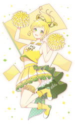 Rule 34 | 1girl, :d, absurdres, bad id, bad pixiv id, bare arms, blonde hair, blush, boots, cheerleader, clothing request, confetti, cross-laced footwear, dandelion, flag, flower, frilled skirt, frills, hair flower, hair ornament, hair ribbon, highres, hoshifuru akiyo, jumping, lace-up boots, layered skirt, legband, long hair, looking at viewer, midriff, open mouth, original, petticoat, pleated skirt, pom pom (cheerleading), pom pom (clothes), ponytail, ribbon, shirt, signature, skirt, sleeveless, sleeveless shirt, smile, solo, tassel, yellow eyes