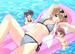 Rule 34 | 00s, 3girls, bikini, black hair, blush, breasts, brown hair, cleavage, eyewear on head, funabashi chitose, green eyes, happy, inflatable raft, ishida aiko, looking back, lying, mini person, minigirl, multiple girls, navel, on back, one eye closed, open clothes, open mouth, open shirt, parted lips, red eyes, shibusawa asagi, shiny skin, shirt, short hair, side-tie bikini bottom, size difference, smile, sunglasses, swimsuit, tessai, tetsudou musume, thighs, water, water float, wink