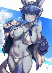 Rule 34 | 1girl, absurdres, animal ears, bikini, blue eyes, blue hair, blue skin, blush, breasts, cameltoe, cleavage, cleft of venus, collarbone, colored skin, creatures (company), fang, furry, furry female, game freak, gen 4 pokemon, glaceon, highres, iparupua, large breasts, long sleeves, looking at viewer, lotion, lotion bottle, medium hair, nintendo, parted lips, pokemon, shiny skin, skin fang, solo, sweat, swimsuit, tail, white bikini