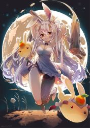 Rule 34 | 1girl, 2023, :q, absurdres, animal ears, breasts, chinese zodiac, cleavage, detached collar, dress, fishnet thighhighs, fishnets, full moon, highres, horns, kachin, long hair, medium breasts, moon, original, rabbit ears, red eyes, single thighhigh, solo, strapless, strapless dress, thighhighs, tongue, tongue out, twintails, weapon, white dress, white hair, year of the rabbit, yellow horns