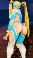 Rule 34 | 3d, absurdres, antenna hair, ass, ass cutout, bare shoulders, blonde hair, blue eyes, blurry, blurry background, breasts, capcom, closed mouth, clothing cutout, curvy, domino mask, female focus, frilled leotard, frills, highres, huge ass, large breasts, leotard, lips, long hair, looking at viewer, mask, rainbow mika, shiny clothes, smile, solo, standing, street fighter, street fighter v, thick thighs, thighs, thong leotard, twintails, very long hair, wide hips