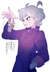 Rule 34 | 1boy, ahoge, bede (pokemon), coat, commentary request, creatures (company), curly hair, eyelashes, game freak, grey hair, half-closed eyes, hand in pocket, highres, light blush, male focus, nintendo, pokemon, pokemon swsh, purple coat, sketch, smile, solo, thxzmgn, translation request, v-shaped eyebrows, watch, wristwatch