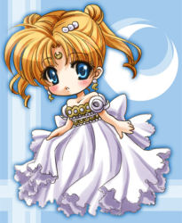 Rule 34 | 1990s (style), 1girl, bare shoulders, bishoujo senshi sailor moon, blonde hair, blue background, blue eyes, blush, crescent, crescent facial mark, double bun, dress, earrings, facial mark, forehead mark, full body, jewelry, lowres, no nose, princess serenity, retro artstyle, shirataki kaiseki, short hair, short twintails, solo, strapless, strapless dress, tsukino usagi, twintails, white dress, aged down
