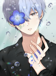 Rule 34 | 1boy, air bubble, aoyagi touya, black shirt, blue hair, bubble, collared shirt, commentary request, crying, dark blue hair, fingernails, flower, grey eyes, hair between eyes, highres, long sleeves, looking at viewer, male focus, matsumatsu330, mole, mole under eye, multicolored hair, one eye covered, parted lips, project sekai, shirt, short hair, solo, split-color hair, streaming tears, tears, two-tone hair, upper body