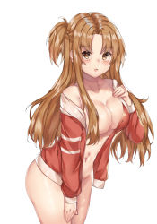 Rule 34 | 1girl, absurdres, asuna (sao), blush, braid, breasts, brown eyes, brown hair, coat, collarbone, commentary, covered erect nipples, english commentary, hand on own chest, hand on own leg, highres, jacket, kanniiepan, large breasts, long hair, looking at viewer, naked coat, navel, open clothes, open jacket, parted bangs, red jacket, simple background, solo, sword art online, white background