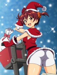 Rule 34 | 1girl, an-bl, ass, bike shorts, brown hair, from behind, hair ornament, hair scrunchie, hat, isshiki akane, looking at viewer, looking back, motor vehicle, open mouth, red eyes, sack, santa hat, scooter, scrunchie, shawl, short hair, shorts, solo, twintails, vividred operation, white shorts