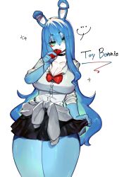 Rule 34 | black choker, black skirt, blue fur, blue hair, blush stickers, breasts, choker, cleavage, clothes around waist, eyebrows hidden by hair, eyeshadow, five nights at freddy&#039;s, five nights at freddy&#039;s 2, freckles, furry, furry female, green eyes, green hair, highres, holding, holding phone, huge breasts, long hair, looking at viewer, makeup, multicolored hair, phone, rabbit ears, rabbit girl, red ribbon, ribbon, robot, shirt, skirt, sweater, sweater around waist, thick thighs, thighs, togetoge, toy bonnie, very long hair, white fur, white shirt, wide hips