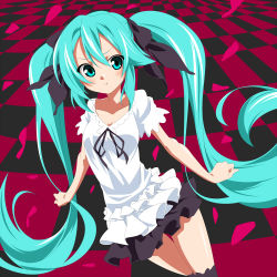 Rule 34 | 1girl, :t, aqua eyes, aqua hair, clenched hands, frown, hatsune miku, long hair, pout, solo, takeya yuuki, thighhighs, twintails, very long hair, vocaloid, world is mine (vocaloid)