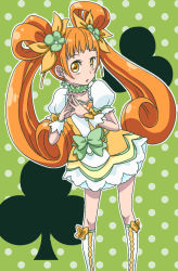 Rule 34 | 1girl, boots, bow, brooch, brown eyes, brown hair, cacao (99chocolove99), choker, clubs, cure rosetta, dokidoki! precure, double bun, flower, full body, green background, hair bun, hair flower, hair ornament, heart, heart brooch, jewelry, knee boots, long hair, magical girl, own hands together, polka dot, polka dot background, precure, puffy sleeves, ribbon, skirt, solo, twintails, waist bow, weapon, yotsuba alice