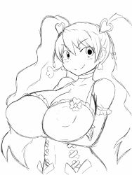 Rule 34 | 00s, 1girl, absurdres, bare shoulders, breast hold, breasts, choker, cleavage, cure peach, earrings, female focus, fresh precure!, geegkowai, hair ornament, highres, huge breasts, jewelry, long hair, long twintails, momozono love, monochrome, precure, puffy nipples, simple background, sketch, smile, solo, standing, twintails, upper body, white background