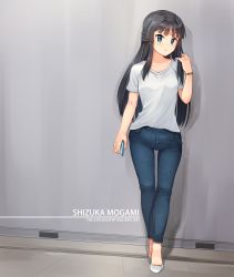 Rule 34 | 10s, 1girl, absurdres, black hair, blue eyes, blush, breasts, cellphone, character name, closed mouth, collarbone, copyright name, denim, floor, full body, grey footwear, half updo, high heels, highres, holding, holding phone, idolmaster, idolmaster million live!, jeans, kamille (vcx68), long hair, looking at viewer, medium breasts, mogami shizuka, no legwear, pants, phone, pocket, shadow, shirt, shoes, sidelocks, smartphone, solo, standing, t-shirt, wall, white shirt, wristband