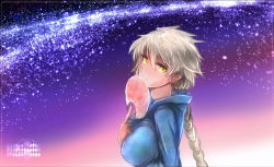 Rule 34 | 10s, 1girl, alternate costume, asymmetrical hair, braid, gradient background, hand fan, japanese clothes, kantai collection, kimono, kojima (blue stardust), leaf print, light smile, long hair, looking at viewer, night, night sky, paper fan, silver hair, single braid, sky, solo, star (sky), starry sky, uchiwa, unryuu (kancolle), very long hair, yellow eyes