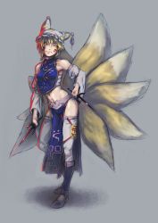 Rule 34 | 1girl, adapted costume, alternate costume, animal ears, animal hat, armpits, bare shoulders, baten (gei-vorugu), belt, blonde hair, boots, closed mouth, collar, dagger, detached sleeves, dual wielding, facepaint, fox ears, fox tail, full body, gem, grey background, grey thighhighs, hat, highres, holding, holding weapon, knife, loincloth, long sleeves, looking away, looking to the side, midriff, mob cap, multiple tails, navel, ofuda, mob cap, red gemstone, sarashi, shirt, short hair, side slit, simple background, smile, solo, standing, stomach, tail, tassel, thighhighs, touhou, weapon, wide sleeves, yakumo ran, yellow eyes