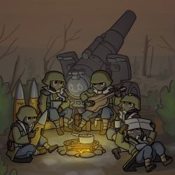Rule 34 | &gt;:), :3, ammunition, artillery, astra militarum, bare tree, campfire, coat, cooking, cooking pot, cup, drawing, gas mask, guitar, highres, holding, holding cup, instrument, kitto paint, krieg, mask, military, military uniform, mug, shell (projectile), tree, trench coat, uniform, v-shaped eyebrows, warhammer 40k