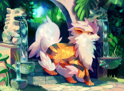 Rule 34 | arcanine, chocochimbu, commentary, commission, creature, creatures (company), english commentary, fangs, fountain, full body, game freak, gen 1 pokemon, grass, nintendo, no humans, plant, pokemon, pokemon (creature), solo, standing on three legs, third-party source, water