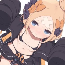Rule 34 | 1girl, abigail williams (fate), abigail williams (traveling outfit) (fate), bandaid, bandaid on face, bandaid on forehead, bare shoulders, belt, bikini, black bikini, black bow, black jacket, blonde hair, blue eyes, bow, breasts, collarbone, crossed bandaids, fate/grand order, fate (series), forehead, gamuo, hair bow, hair bun, high collar, jacket, long hair, long sleeves, navel, orange belt, orange bow, parted bangs, polka dot, polka dot bow, sleeves past fingers, sleeves past wrists, small breasts, solo, swimsuit, tentacles, thighs