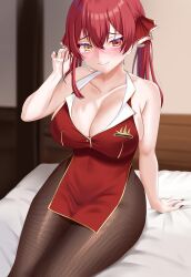 Rule 34 | 1girl, bedroom, black pantyhose, blush, breasts, cleavage, hair ribbon, heterochromia, highres, hololive, houshou marine, large breasts, long hair, looking at viewer, nail polish, no eyepatch, oioi ainomo, pantyhose, red eyes, red hair, red nails, red ribbon, ribbon, smile, solo, twintails, virtual youtuber, yellow eyes